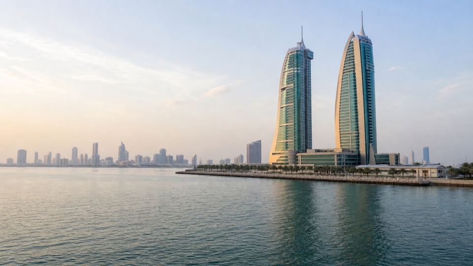 Manama Financial Harbour skyline at dusk